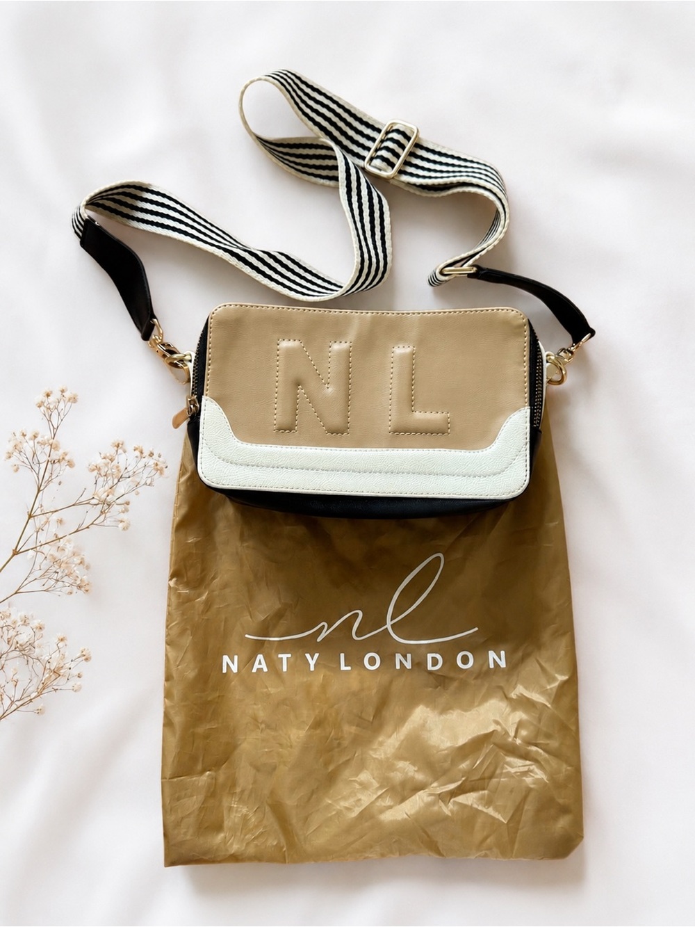 Naty London Beige & White Crossbody Bag with Striped Strap